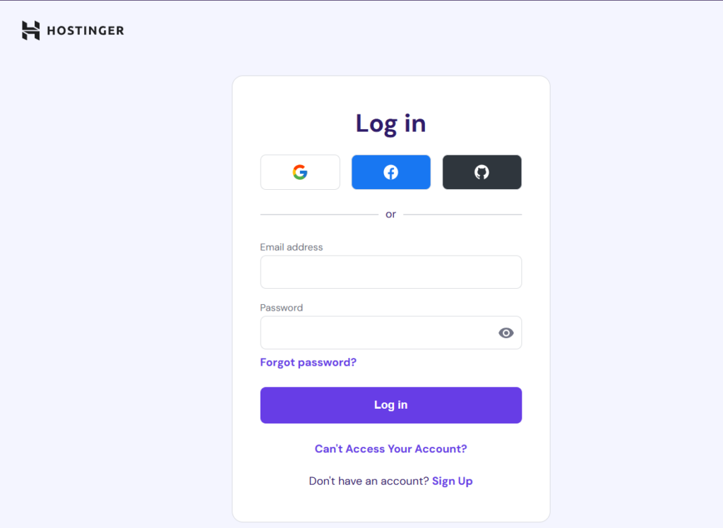 Tela de login da hostinger 